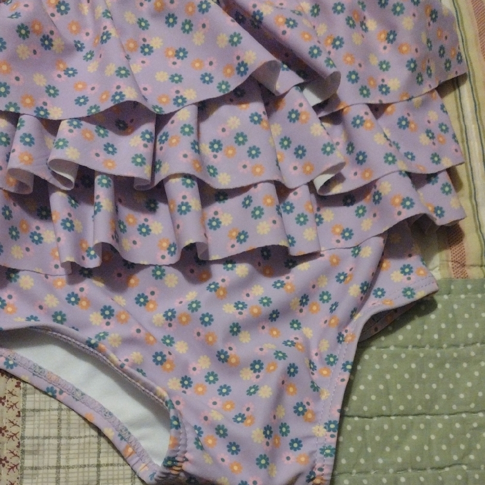Charming Lilac Kids Swim One Piece with Floral Ruffles - Picture 8 of 9